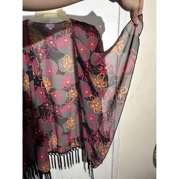 LuLaRoe Monroe Sheer Kimono Cardigan Top Open Front Floral Fringe Size L - Picture 3 of 9